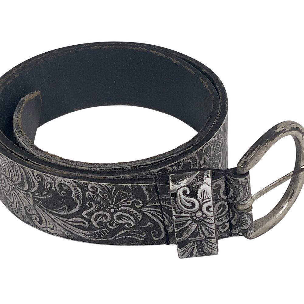Western-style Silver/Brown Embossed Floral Scrollwork Belt Size Med India Brass
